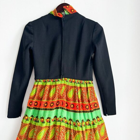 Vintage Neon Green Ornage Paisley Print Long  Sleeve Maxi Dress S - Picture 3 of 6